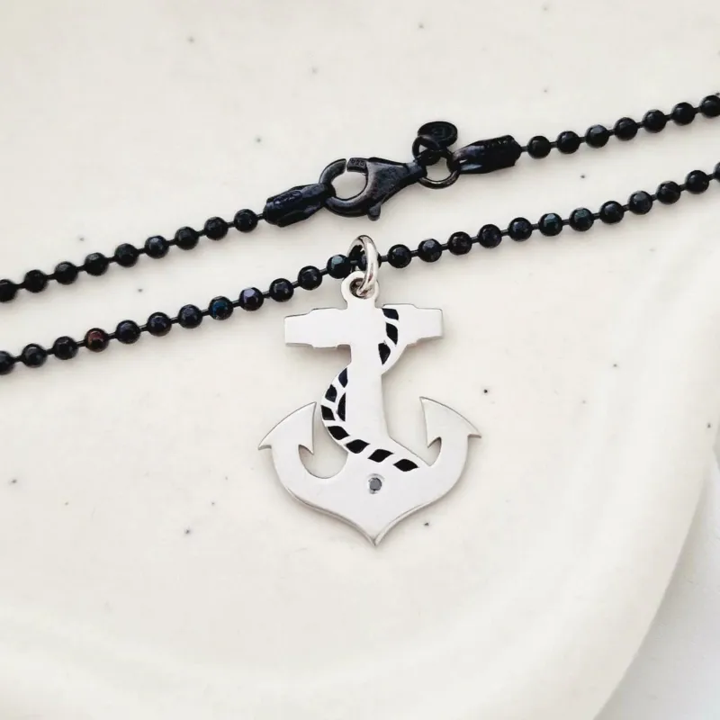 Lantisor Barbatesc cu Pandantiv Ancora – Argint 925 Rodiat, Email Negru si Diamant Negru picture - 3