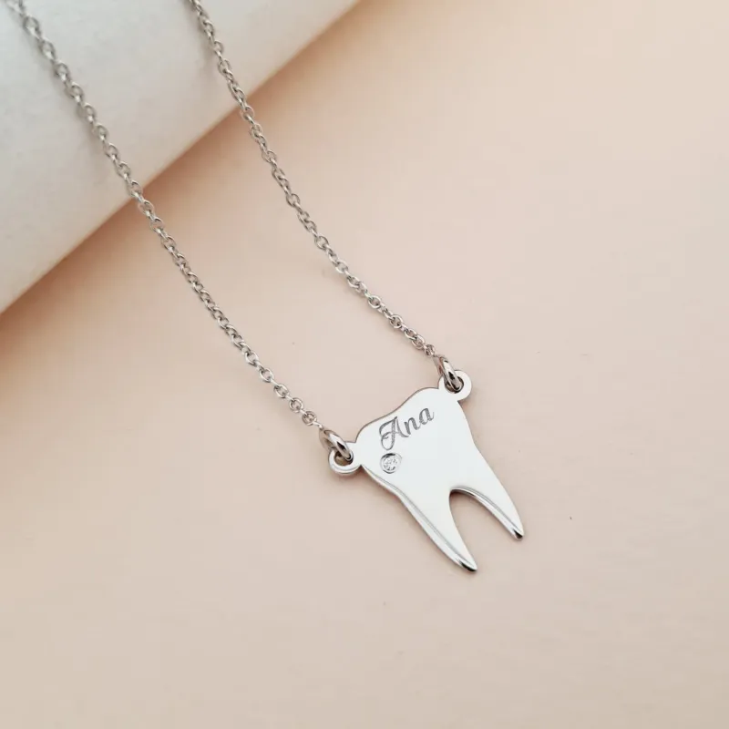 Lantisor cu Diamant Natural - Pandantiv dinte personalizat cu nume  - Argint 925 Rodiat picture - 3