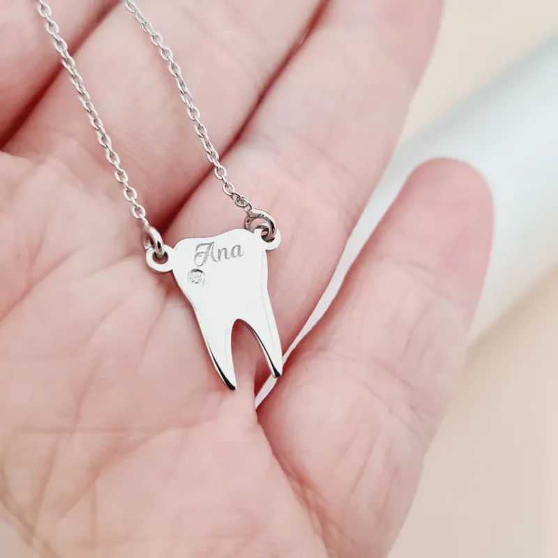 Lantisor cu Diamant Natural - Pandantiv dinte personalizat cu nume  - Argint 925 Rodiat picture - 2