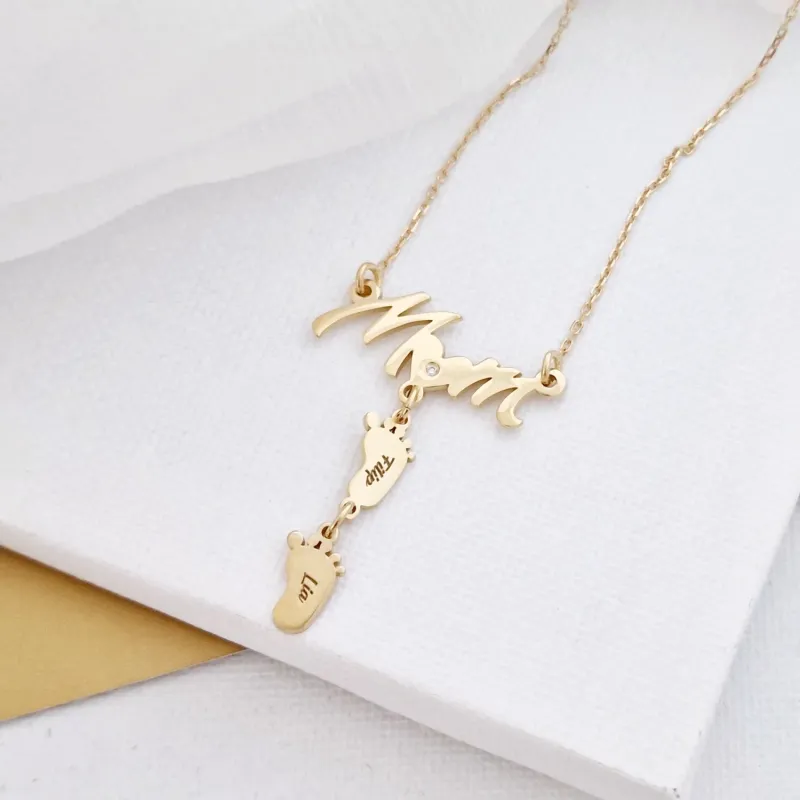Lantisor cu Diamant Natural - Pandantiv Mom si 2 picioruse - Argint 925 placat cu Aur Galben 18K picture - 6