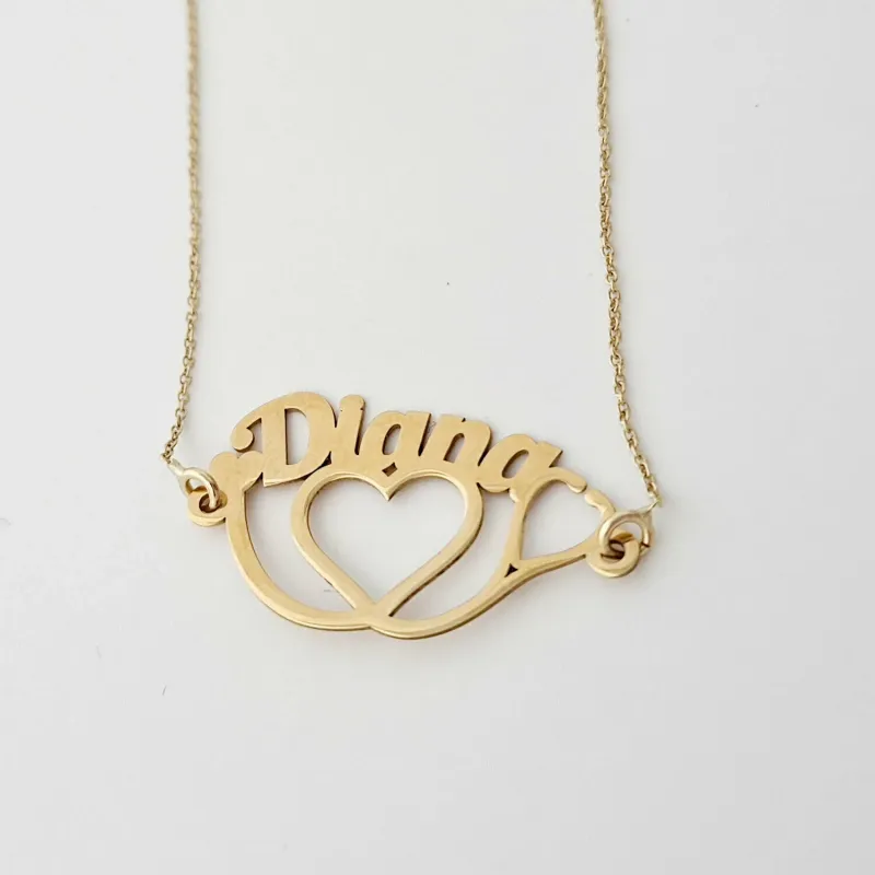 Lantisor cu pandantiv personalizat - Stetoscop si nume decupate - Aur Galben 14K picture - 6