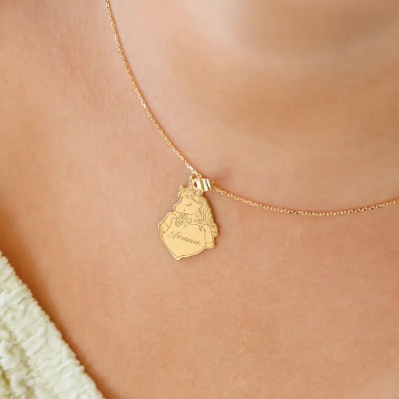 Lantisor personalizat cu nume - Pandantiv Unicorn si inima - Aur Galben 14K picture - 8