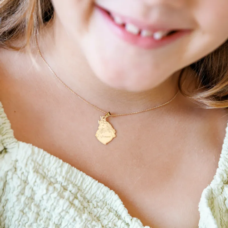 Lantisor personalizat cu nume - Pandantiv Unicorn si inima - Aur Galben 14K picture - 2