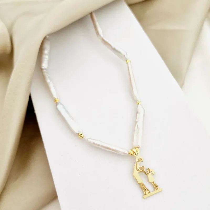 Lantisor cu Perle - Darul din inima - Model sirag de perle stick silver cu bilute si pandantiv din Argint 925 placat cu Aur Galben 18K picture - 2