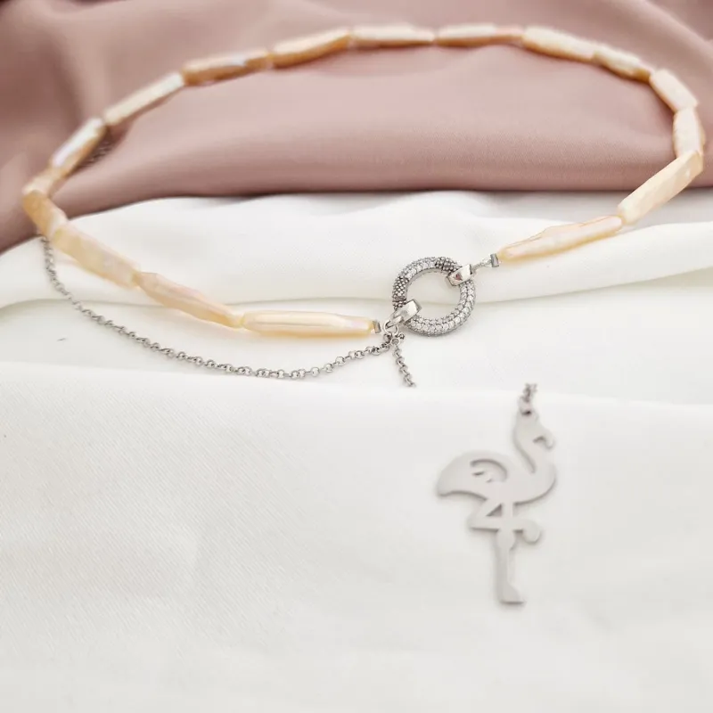 Lantisor cu Perle - Gratie de flamingo - Model sirag perle stick peachi conectate cu un charm cu Zirconii si un lant cu pandantiv - Argint 925 picture - 5