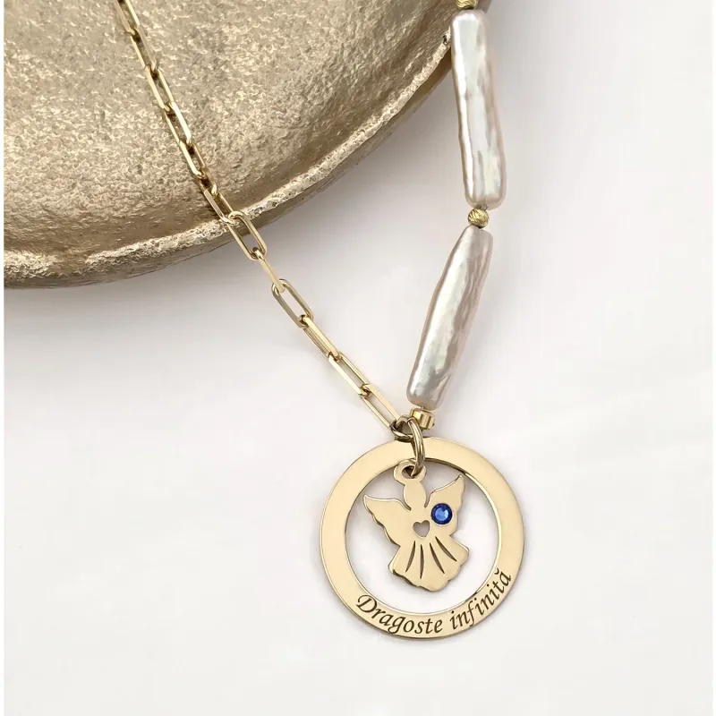 Lantisor cu Perle - Medalion disc cu silueta de ingeras si inimioara decupata - Cristal swarovski -  Model sirag de perle stick silver si bilute din Argint 925 placat cu Aur Galben 18K picture - 3