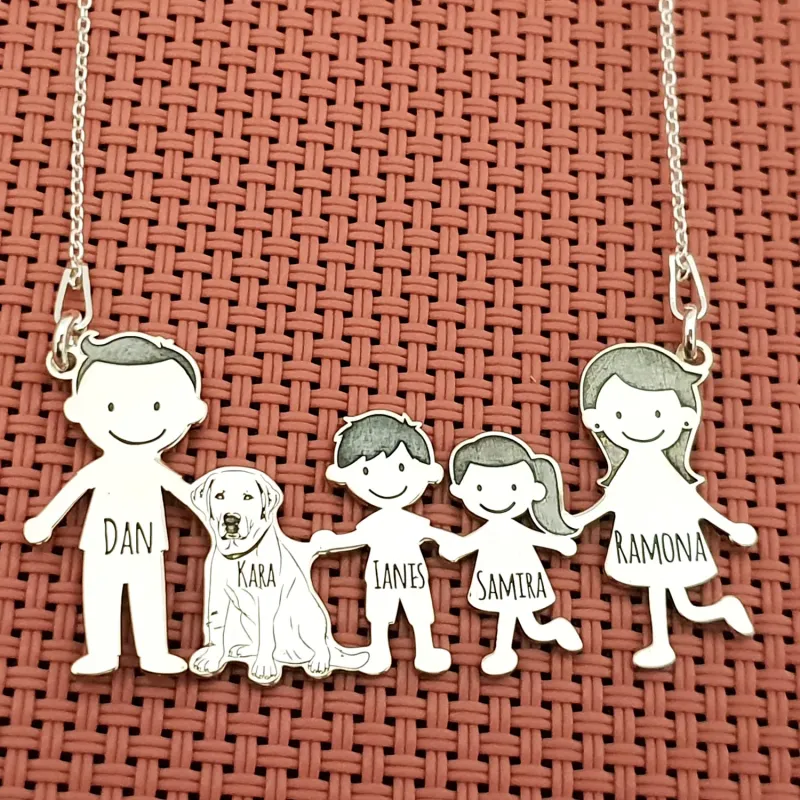 Lantisor Familie - 5 Membri cu caine - Argint 925 picture - 2