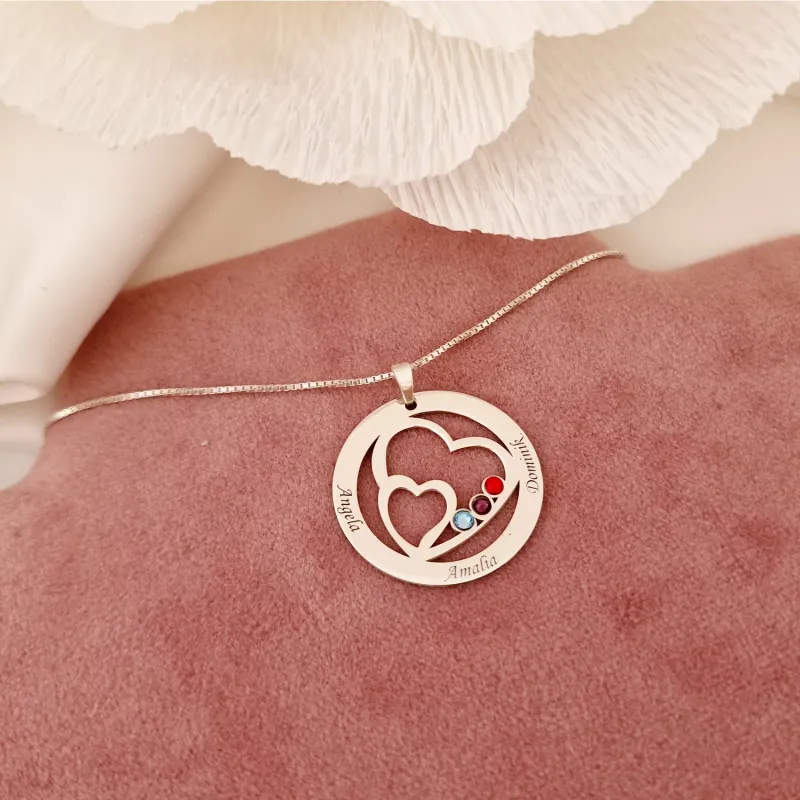 Lantisor Familie unita - Inimi in disc - 3 nume si cristale Swarovski - Argint 925 picture - 2