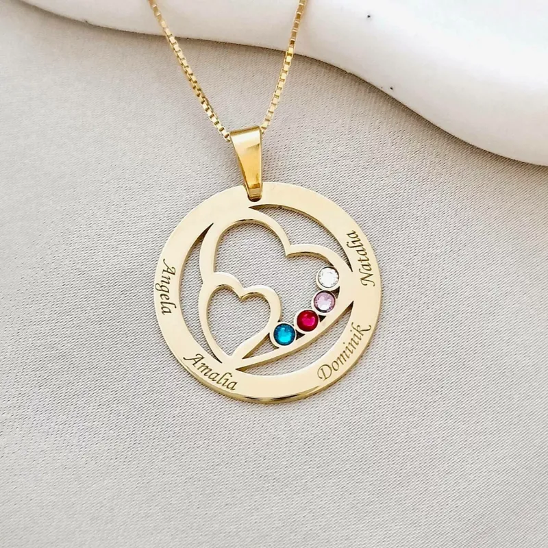 Lantisor Familie unita - Inimi in disc - 4 nume si cristale Swarovski - Argint 925 placat cu Aur Galben 18K picture - 2
