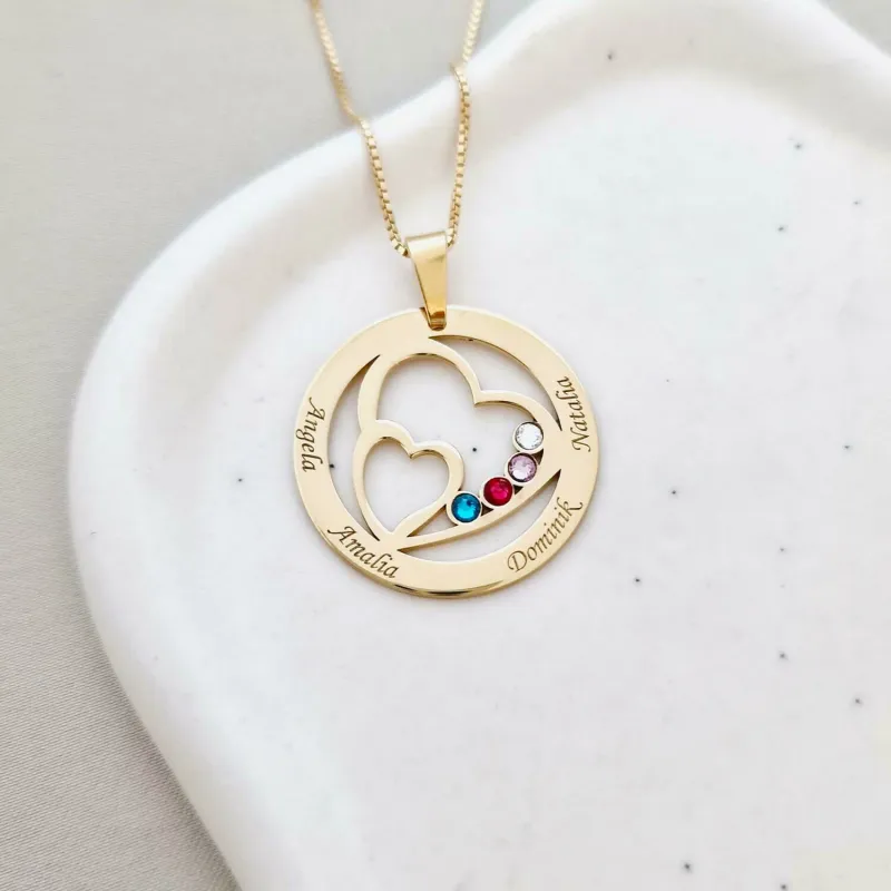 Lantisor Familie unita - Inimi in disc - 4 nume si cristale Swarovski - Argint 925 placat cu Aur Galben 18K picture - 3