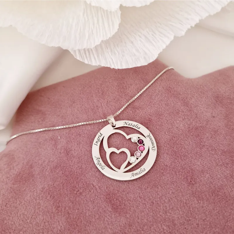 Lantisor Familie unita - Inimi in disc - 5 nume si cristale Swarovski - Argint 925 picture - 5