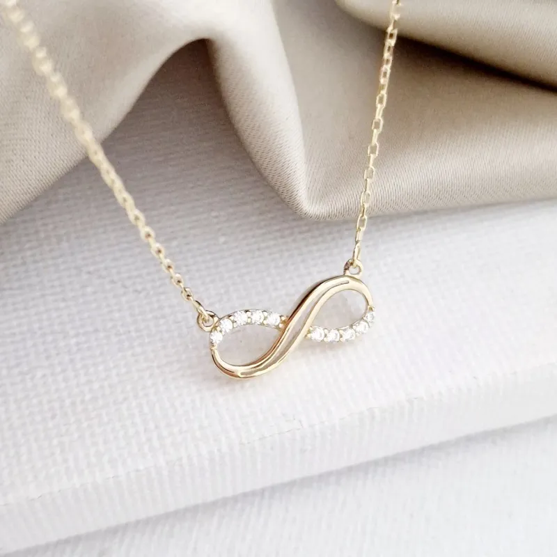 Lantisor infinit decorat cu Zirconii albe  - Aur Galben 14K picture - 3