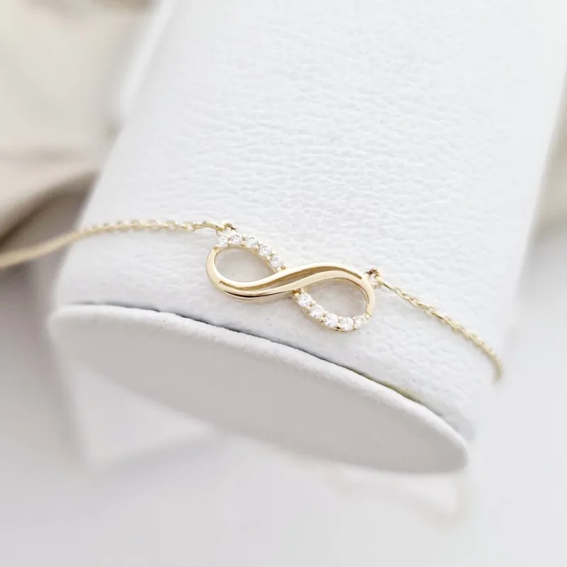 Lantisor infinit decorat cu Zirconii albe  - Aur Galben 14K picture - 6