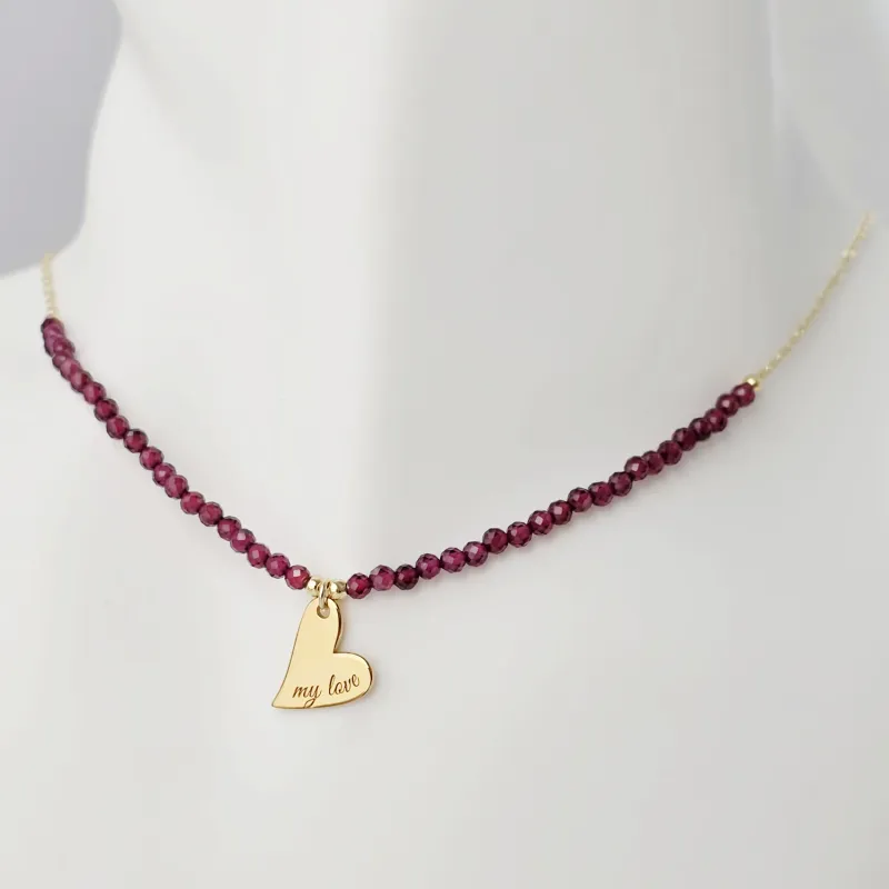 Lantisor My love - Pietre Granat & Pandantiv Inima - Argint placat cu Aur Galben 18K picture - 2