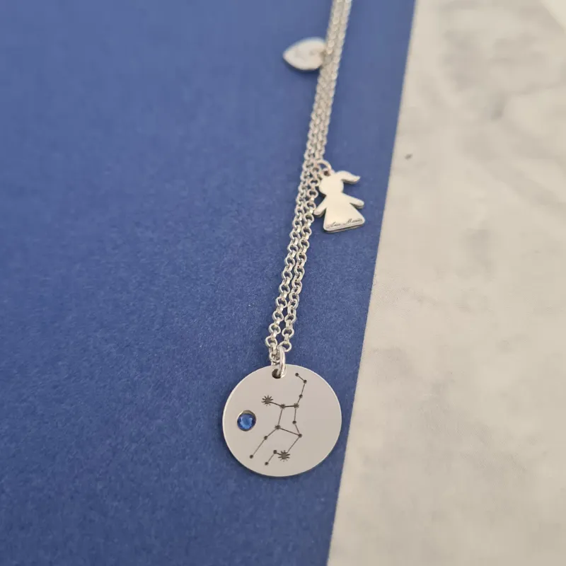 Lantisor personalizat - 3 Elemente - Banut cu constelatie, inima cu initiala si silueta cu nume - Argint 925 - Cristal Swarovski