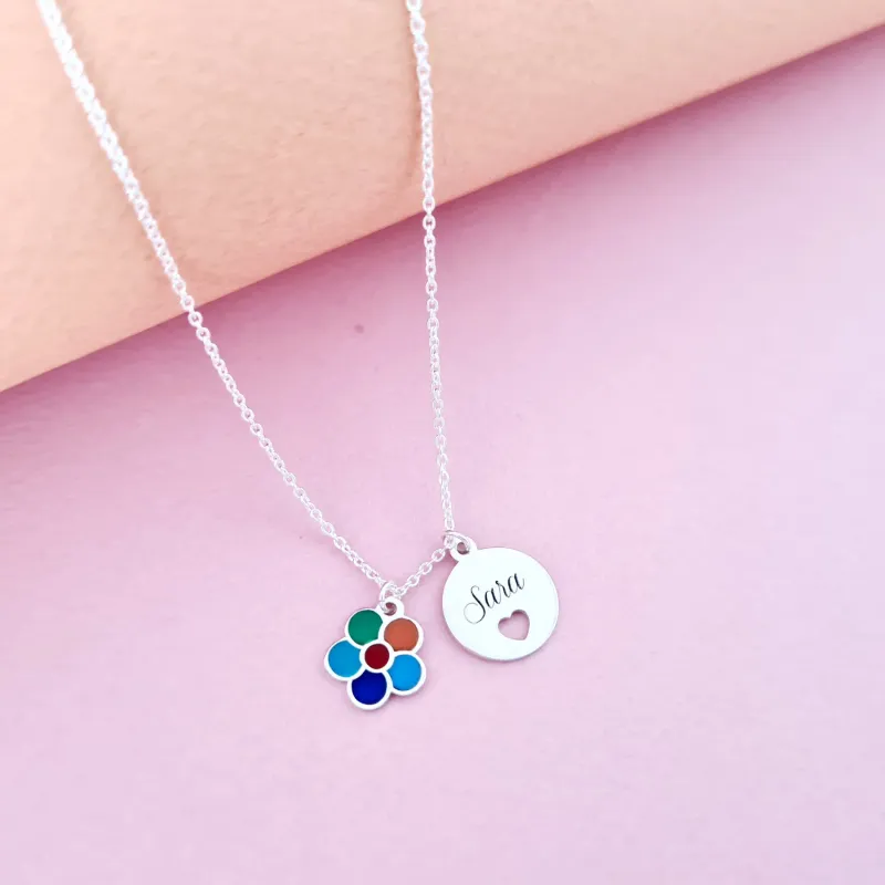 Lantisor personalizat cu 2 pandantive - Floare multicolora cu email - Banut cu nume si inima decupata - Argint 925 picture - 6