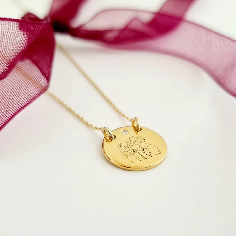 Lantisor personalizat cu Diamant natural - Cuplu sarut dulce - Banut 12 mm - Aur Galben 14K picture - 7