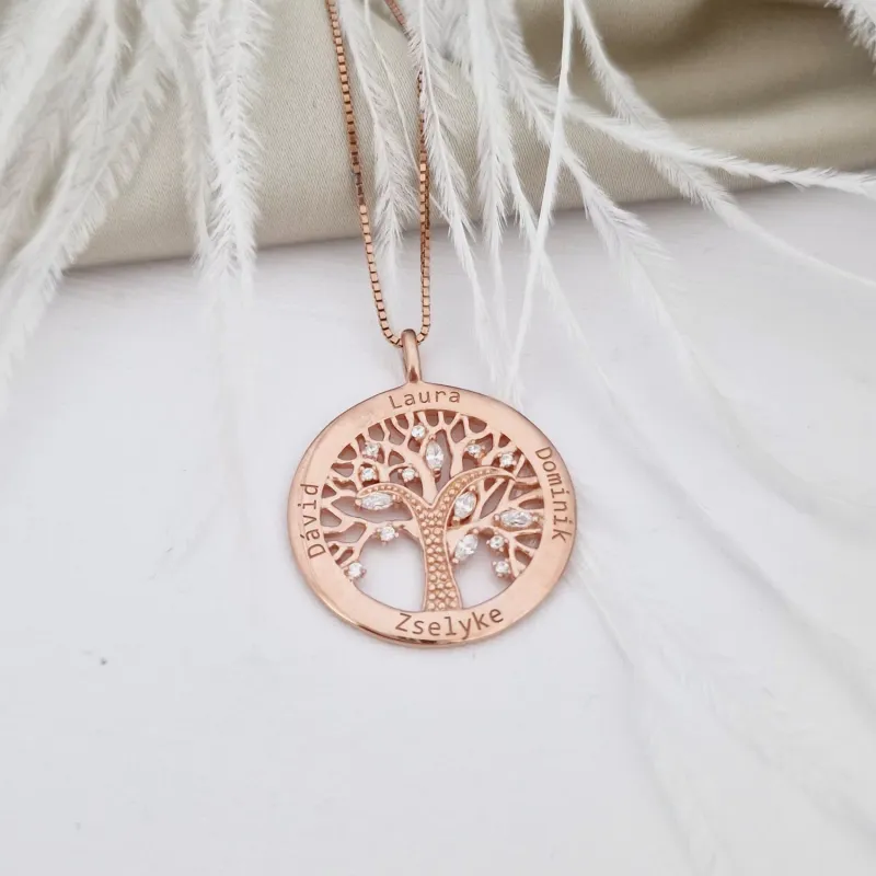 Lantisor personalizat cu nume - Copacul Vietii decorat cu Zirconii albe - Argint 925 placat cu Aur Roz 18K