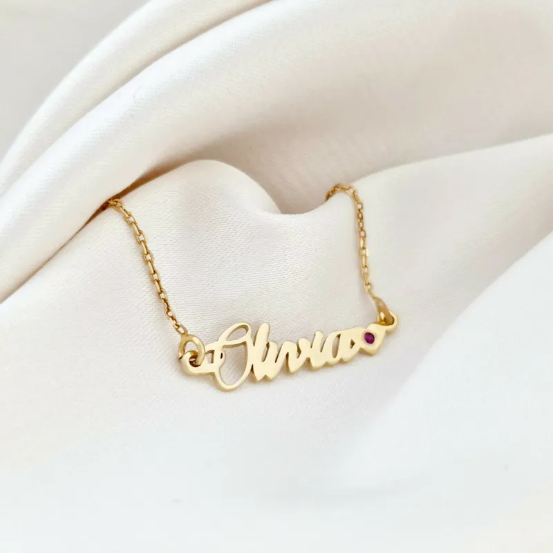 Lantisor personalizat cu Nume si Inima decorata cu rubin - Argint 925 placat cu Aur Galben 18k picture - 6