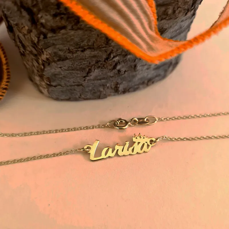 Lantisor personalizat cu nume si simbol coronita - Font elegant - Argint 925  placat cu Aur Galben 18K picture - 3