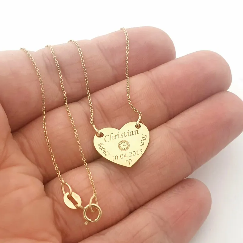 Lantisor personalizat - Inima 15 mm - Botez - Aur Galben 14K picture - 5