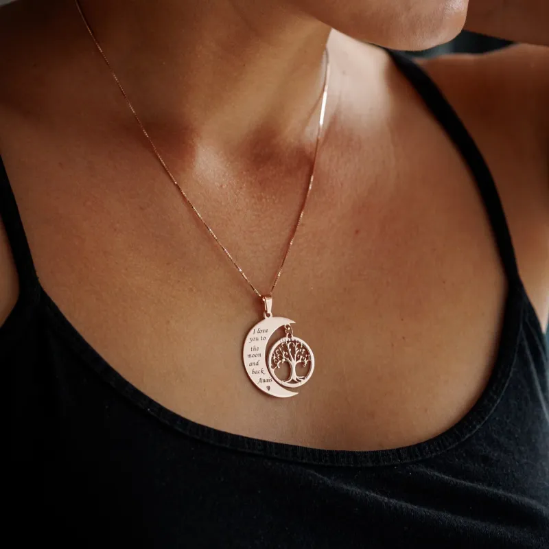 Lantisor personalizat - Luna si copacul vietii - Argint 925 placat cu Aur roz 18k picture - 6