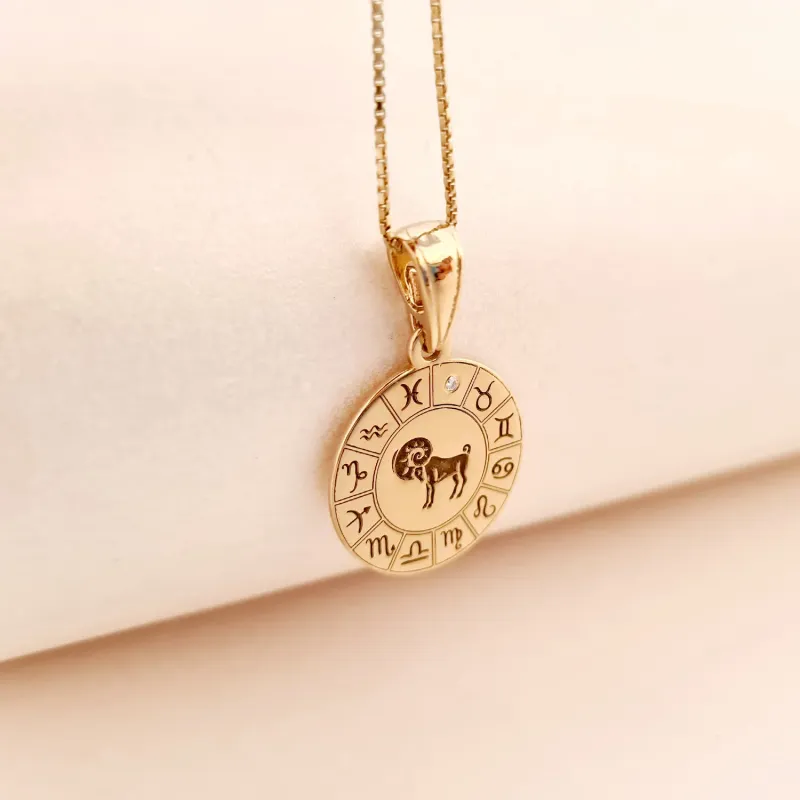 Lantisor personalizat - Roata zodiacala - Pandantiv de 20 mm cu Diamant natural - Argint 925 placat cu Aur Galben 18K picture - 3