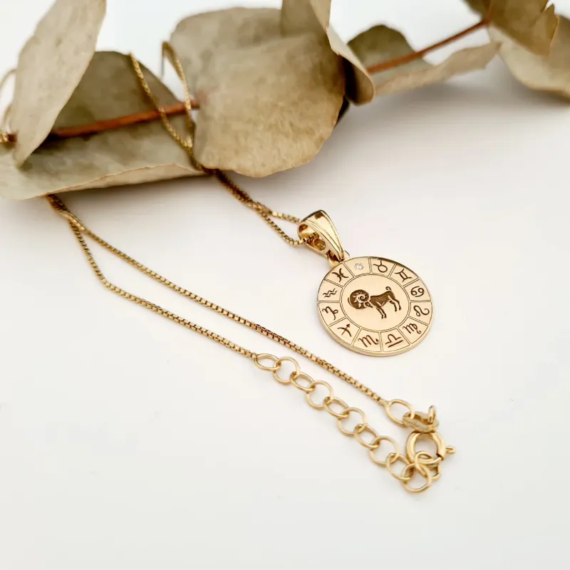 Lantisor personalizat - Roata zodiacala - Pandantiv de 20 mm cu Diamant natural - Argint 925 placat cu Aur Galben 18K picture - 2