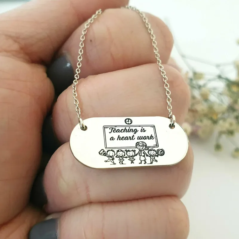 Lantisor personalizat -  Teaching is a heart work - pandantiv placuta - Argint 925 picture - 2
