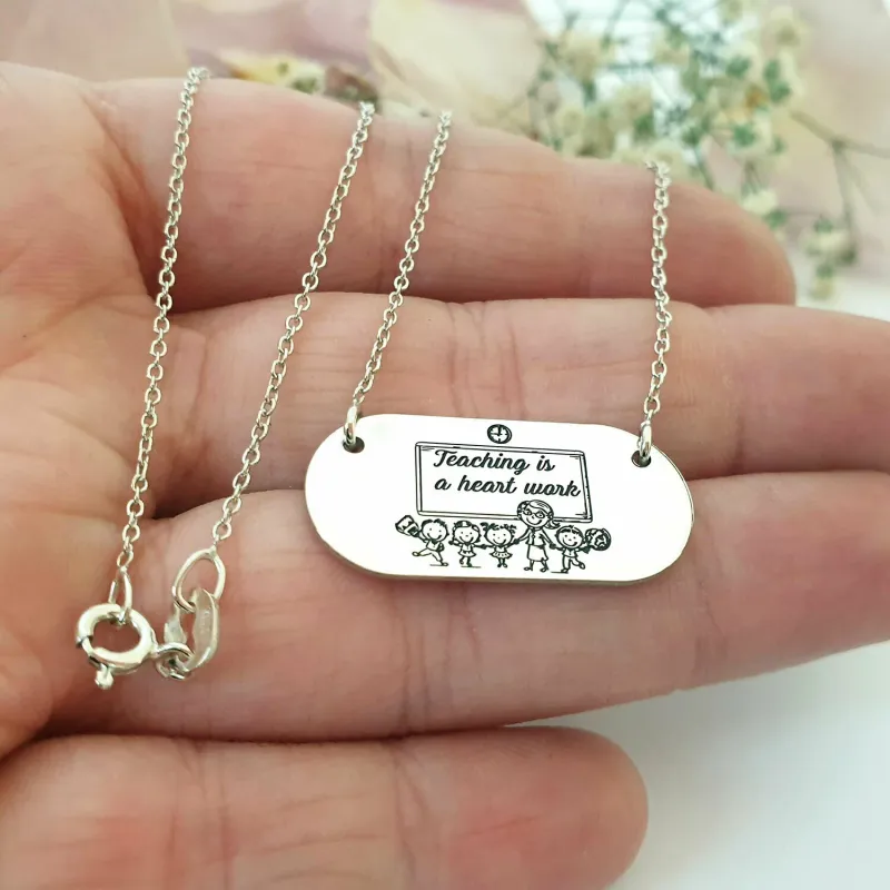 Lantisor personalizat -  Teaching is a heart work - pandantiv placuta - Argint 925 picture - 5