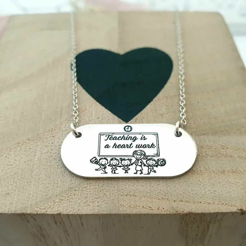 Lantisor personalizat -  Teaching is a heart work - pandantiv placuta - Argint 925 picture - 3