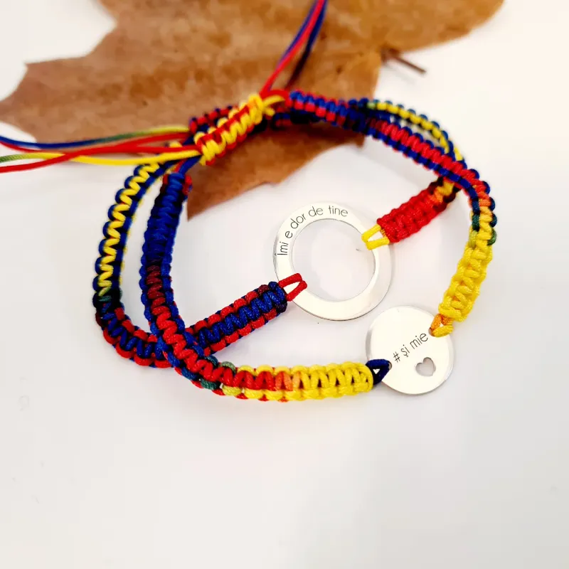 Set 2 bratari personalizate - Dor de tine - Disc si banut cu inima decupata - Argint 925 - Snur impletit tricolor picture - 1