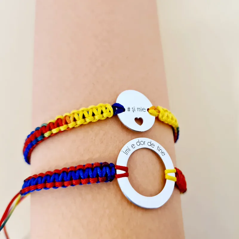 Set 2 bratari personalizate - Dor de tine - Disc si banut cu inima decupata - Argint 925 - Snur impletit tricolor picture - 2