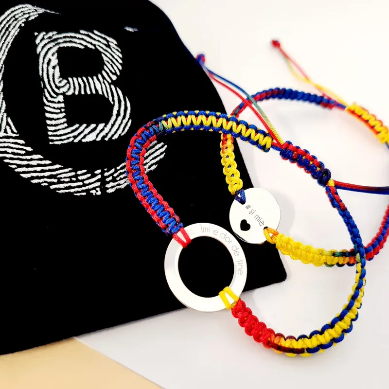 Set 2 bratari personalizate - Dor de tine - Disc si banut cu inima decupata - Argint 925 - Snur impletit tricolor picture - 5
