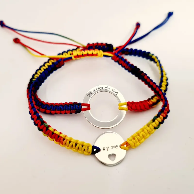 Set 2 bratari personalizate - Dor de tine - Disc si banut cu inima decupata - Argint 925 - Snur impletit tricolor picture - 6