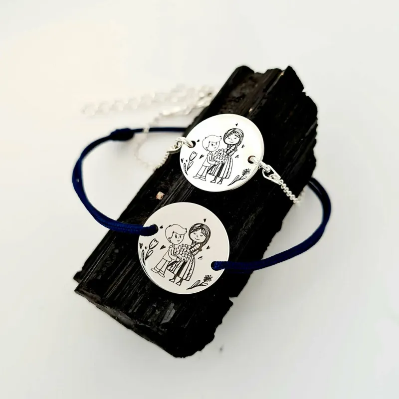 Set 2 bratari personalizate - Mama si fiu - Banuti de 15 mm  - Argint 925 - snur reglabil pentru fiu si lantisor pentru mama picture - 2