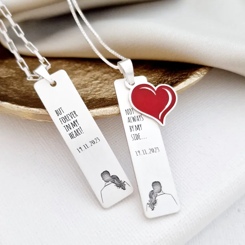 Set lantisoare cu pandantive dreptunghiulare personalizate - El si Ea -  Argint 925 cu finisare aspect mat - Pandantiv inima decorat cu email colorat picture - 3