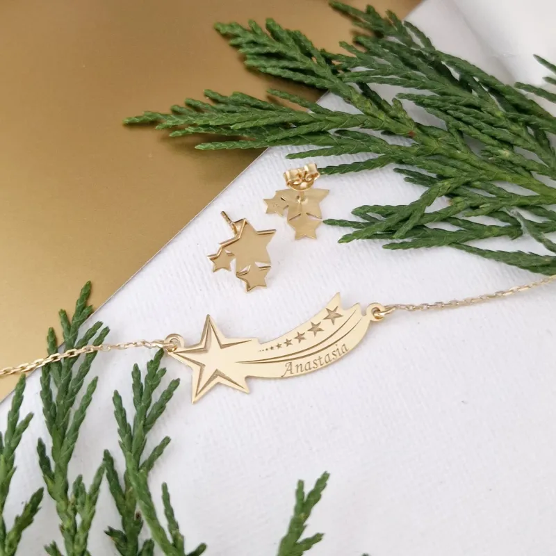 Set festiv - Sclipire Stelara - Cercei stelute si lantisor cu stea cazatoare - Argint 925 placat cu Aur Galben 18K picture - 3