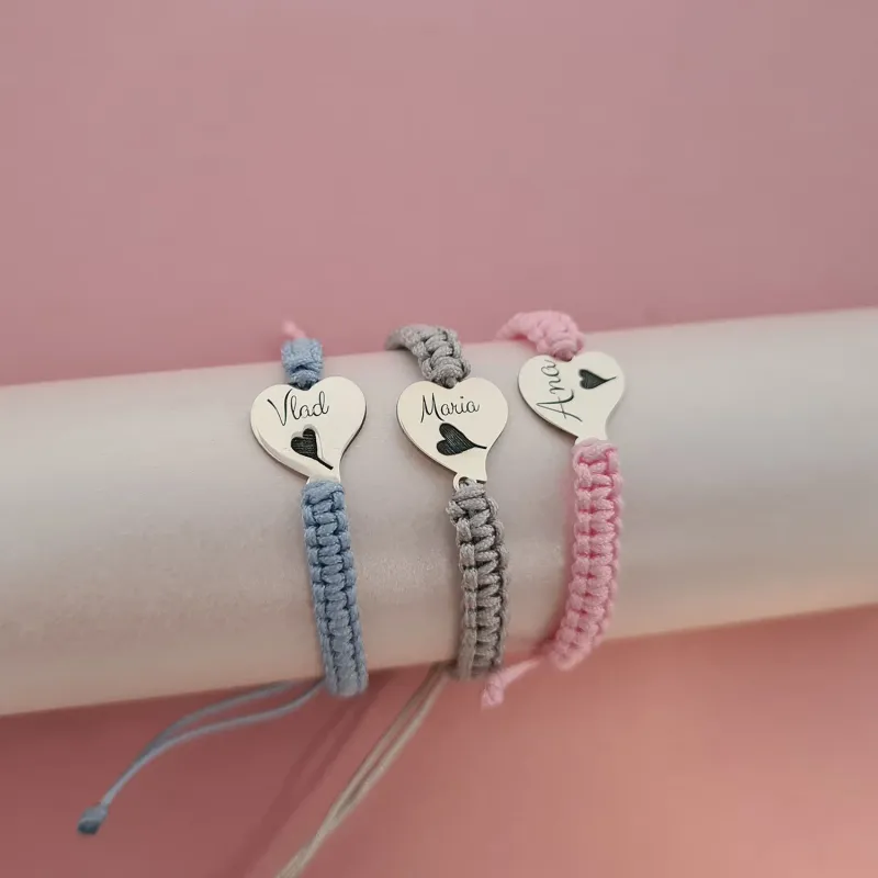 Set papadie - Lantisor cu pandantiv banut - 3 bratari inima personalizate cu nume - Bratari snur impletit - Argint 925 picture - 8