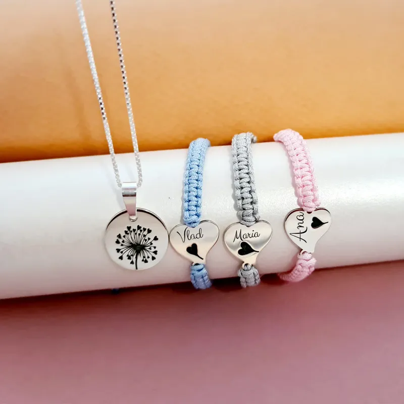 Set papadie - Lantisor cu pandantiv banut - 3 bratari inima personalizate cu nume - Bratari snur impletit - Argint 925 picture - 3