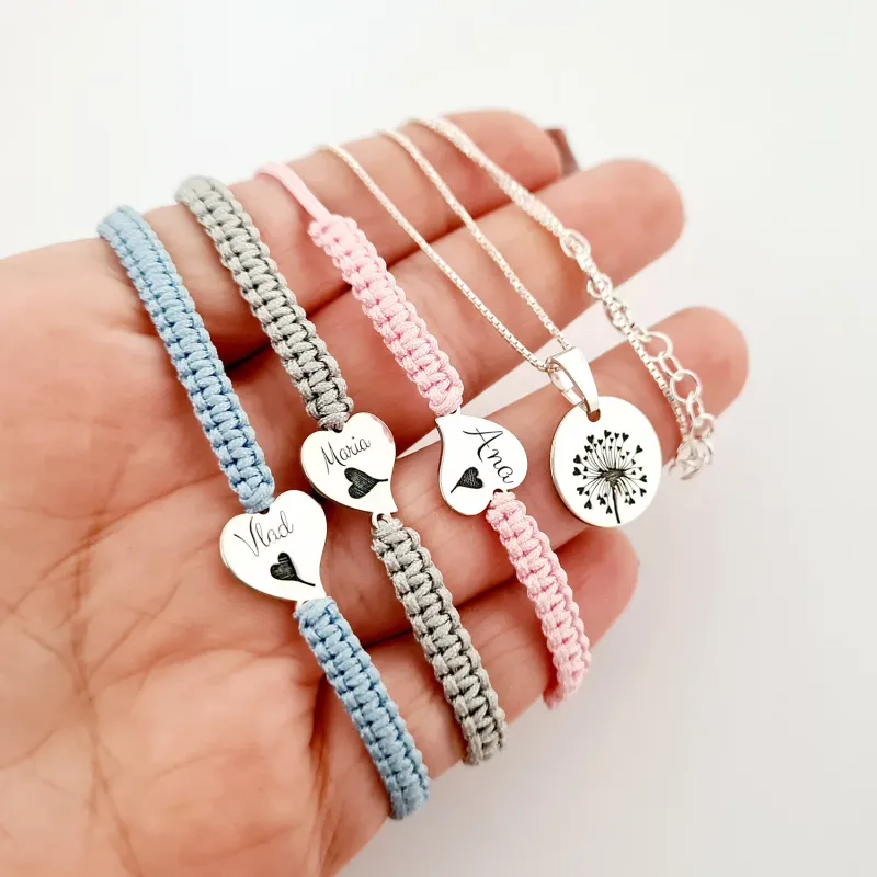 Set papadie - Lantisor cu pandantiv banut - 3 bratari inima personalizate cu nume - Bratari snur impletit - Argint 925 picture - 6