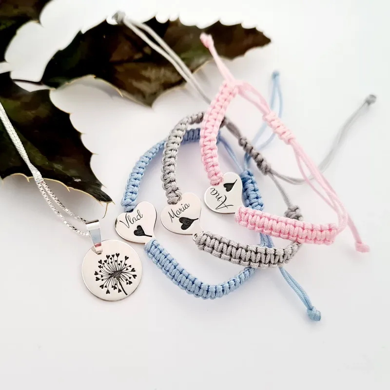 Set papadie - Lantisor cu pandantiv banut - 3 bratari inima personalizate cu nume - Bratari snur impletit - Argint 925 picture - 7