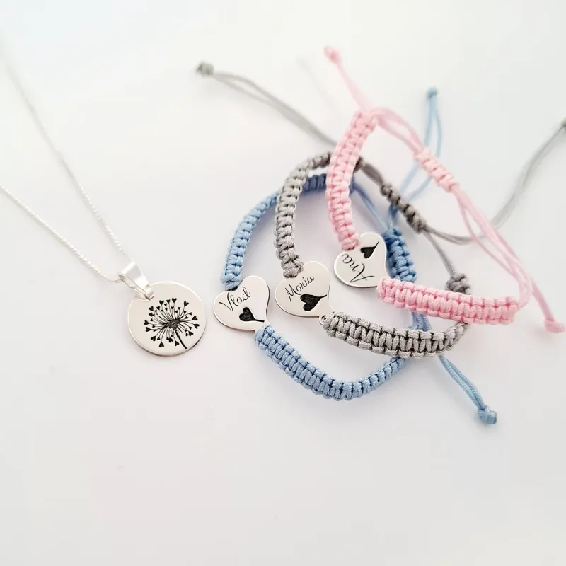 Set papadie - Lantisor cu pandantiv banut - 3 bratari inima personalizate cu nume - Bratari snur impletit - Argint 925 picture - 5