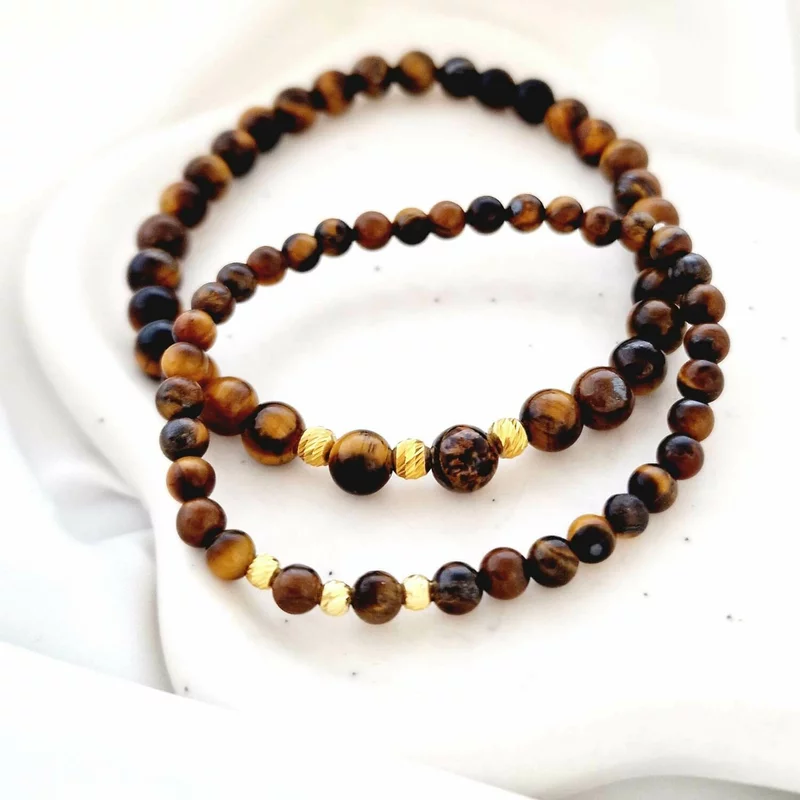 Set 2 bratari din pietre Ochi de Tigru - Bilute din Argint 925 placate cu Aur galben 18K - Snur elastic picture - 2