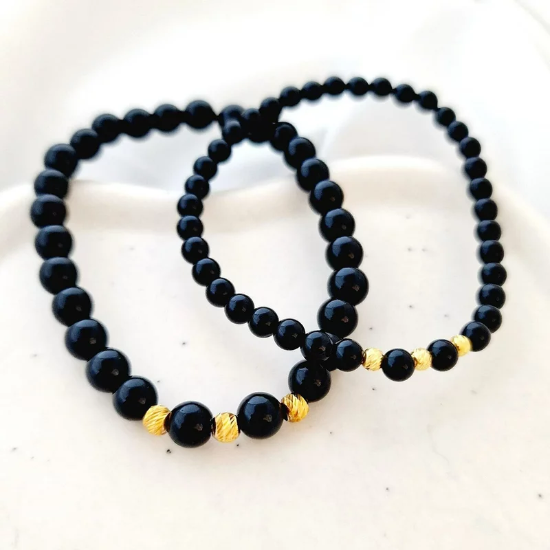 Set 2 bratari din pietre Onix - Bilute din Argint 925 placate cu Aur galben 18K - Snur elastic picture - 2