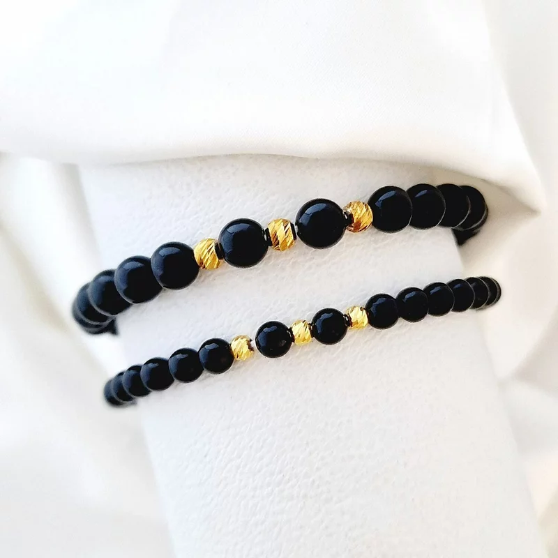 Set 2 bratari din pietre Onix - Bilute din Argint 925 placate cu Aur galben 18K - Snur elastic picture - 3