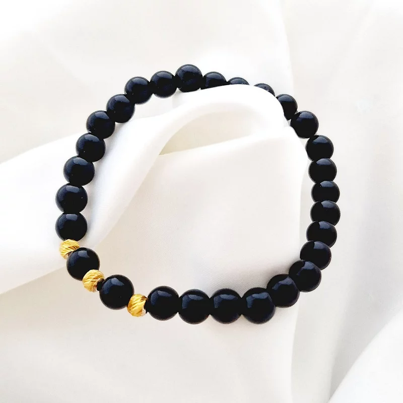Set 2 bratari din pietre Onix - Bilute din Argint 925 placate cu Aur galben 18K - Snur elastic picture - 5