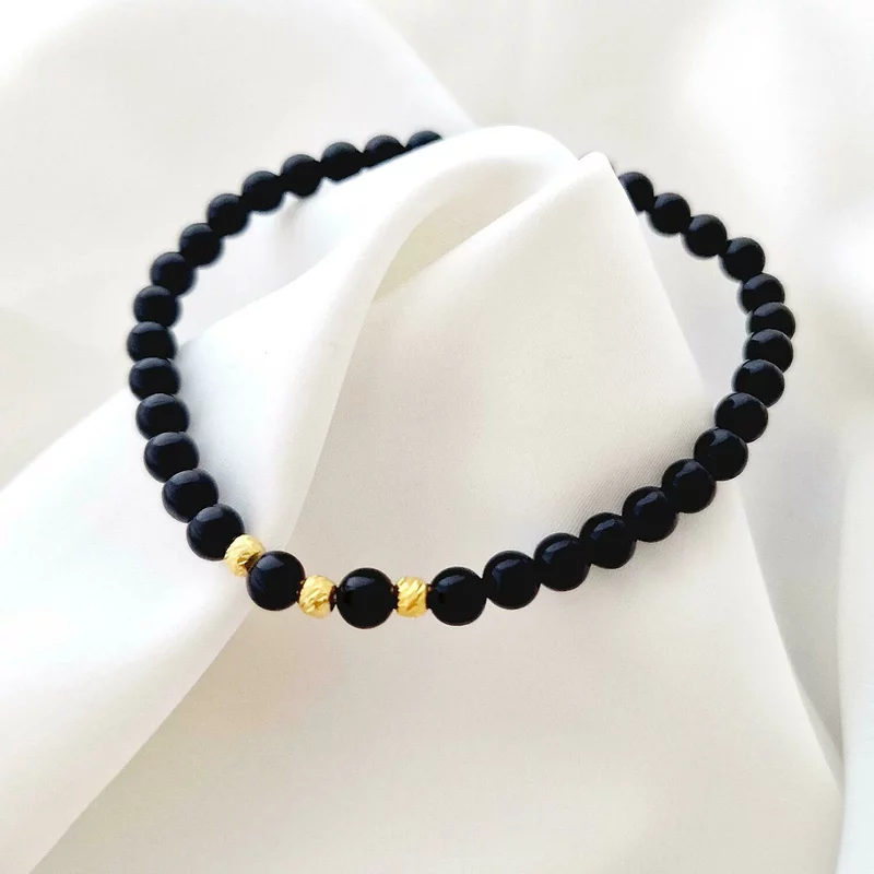 Set 2 bratari din pietre Onix - Bilute din Argint 925 placate cu Aur galben 18K - Snur elastic picture - 6