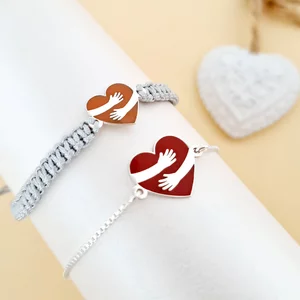 Set 2 bratari - Dor de tine - Inima colorata cu email  - Argint 925 -  Lantisor glisant si snur reglabil impletit