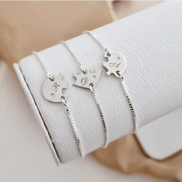 Set 3 bratari cu Diamant natural - Inima puzzle - Pandantive personalizate cu initiale -  Lantisor glisant ajustabil - Argint 925